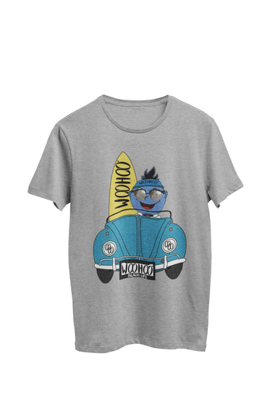WooHooBerry enjoying a ride in a stylish teal convertible VW Bug, accompanied by a vibrant yellow surfboard labeled 'WooHoo.' The license plate proudly reads 'WooHoo.' The gray T-shirt complements the breezy and adventurous vibe of the scene.